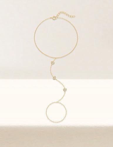 925 Sterling Silver Hand Chain Bracelet for Women,Non Tarnish 14k Gold Plated CZ Crystal Heart Starburst Ring Bracelets Hand Chain Dainty Diamond Layered Stackable Link Chain Beach Waterproof Graduation Wedding Gifts - color: GoldC
