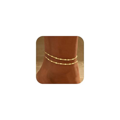 Ankle Bracelets for Women - 14K Gold Plated Waterproof Cuban Water Wave Chain Beads Rhinestone Anklets Set Layered Anklet Bracelets for Women Gold Jewelry Gift - color: Lip Chain