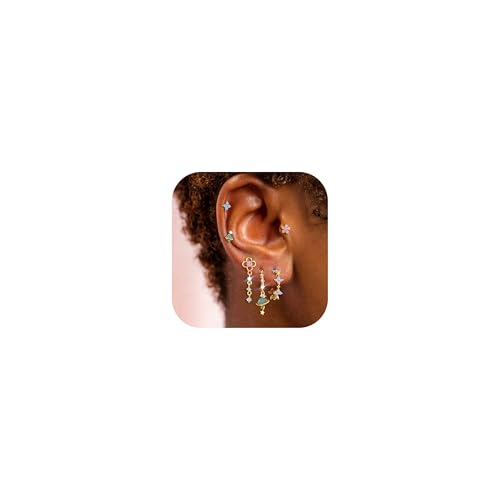 6 Pcs/6 Pairs Hypoallergenic 925 Sterling Silver Stud Post 14K Gold Earrings for Women Moon Star Hoop Stackable Cubic Zirconia Chain Dangle Earring Set Stacks for Multiple Piercings - color: Gold Flower Planet