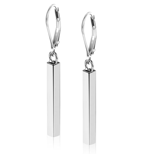 Silver Bar Dangle Drop Earrings for Women, 14K Gold French Style Leverback Dangle Drop Earrings, Hypoallergenic Jewelry - color: Silver