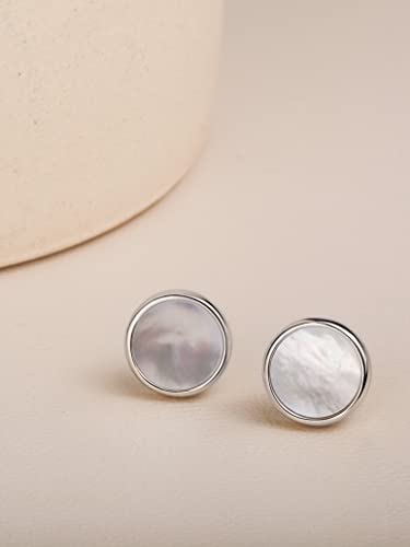 S.Leaf Gold Stud Earrings for Women Sterling Silver Gold plated Hypoallergenic Shell Mother of Pearl Post Earrings for Women Birthday Gifts - color: A02_Shell_7mm_Silver
