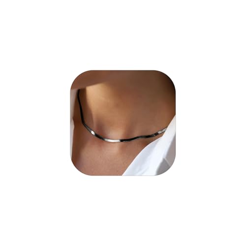 FOCALOOK 14K Gold Plated Necklaces for Women, Fashion Herringbone Choker Necklace Stainless Steel Flat Snake Chain 3/5MM(W) 12.5"/15"/18"+3.5"(L) - color: 3MM-Black-15"