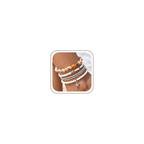 Beach shell sea star sea bead anklet set for Women, adjustable gold-plated Bohemian shell bracelet for ankle Fashion Layered anklet - color: Conch 5Pcs