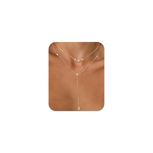 DALI Long Gold Necklaces for Women, Dainty Layered Sterling Silver Plated Y Shaped Necklace Stack Non Tarnish Cross CZ Pendant Long Chain Choker Adjustable Necklaces Jewelry for Vacation Christmas - color: Gold CZ Long Necklace