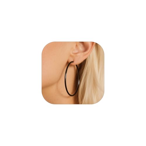 FOCALOOK 14K Gold Plated Lightweight Large Hoops| 2mm Thin Hoop Earrings for Women 30/40/50/70/100mm - color: 01.Black, size: 50mm