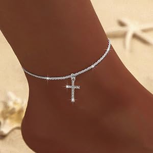 Ankle Bracelets for Women Gold Silver Layered Glitter Anklet for Women Waterproof Beach Cross Anklet Set Dainty Summer Foot Jewelry - color: Cross Anklet