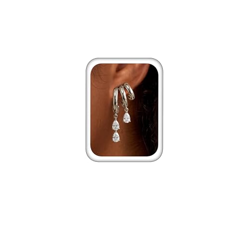 Triple Huggie Stacked Earrings for Women Gold Chain Drop Dangle Earrings Cute Statement CZ Earrings Trendy Dainty Jewelry Gift - color: Silver 4