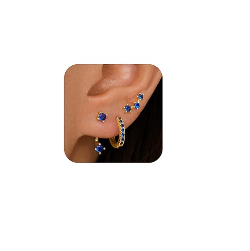 3 Pairs Dainty Small 4th of July Earrings for Women Trendy, Birthstone Stud Huggie Hoop Jacket Stack for Cartilage Helix, Gold Plated Hypoallergenic Cute Women Fashion Accessories Western Jewelry Gifts - color: 09Blue Created Sapphire-Sept (Gold)