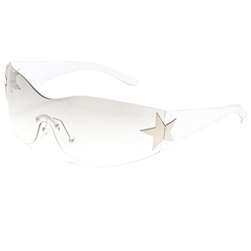 Rimless Y2K Sunglasses for Women Men Wrap Around Fashion Sunglasses Oversized Frameless Trendy Sun Glasses - color: Clear Frame / Gradient Grey Clear Lens