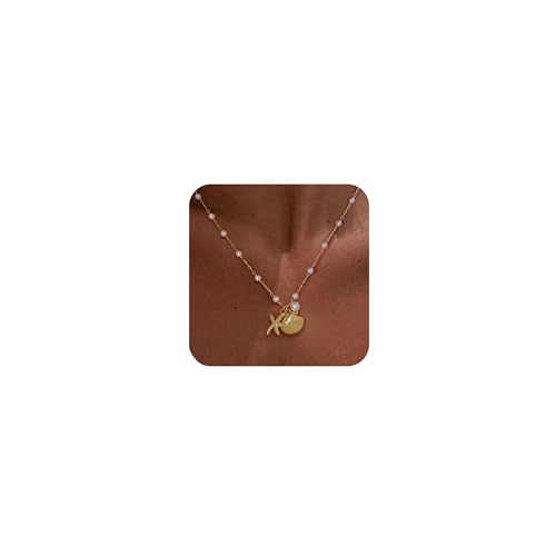 Ewrkbr Gold Necklace for Women,14K Gold Plated Shell Starfish Beach Necklaces Cute Boho Pendant Necklace Fashion Summer Waterproof Pearl Jewelry for Women - color: NK-shell star