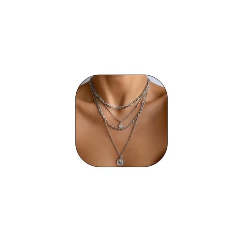 GIGB PBDK Layered Necklaces for Women Dainty 14K Gold Coin Sun Pendant Necklace Exaggerated Stackable Figaro Choker Necklace Trendy Birthday Jewelry Presents - color: Silver