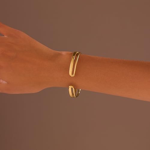 BE & CHEERY Gold Bangle Bracelet for Women, 14k Gold Plated Open Bangle, Stackable Stainless Steel Cuff Bracelets, Chunky Fashion Jewelry for Women, Trendy Elegant Design Bangle as Gifts - style: Long cut out