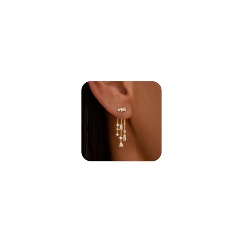 Dangle Earrings for Women, Dainty Gold Drop Earrings 14k Gold Plated Long CZ Bar Earrings for Women Trendy Simple Hypoallergenic Chandelier Stud Earrings Formal Wedding Prom Jewelry for Women - color: dangle1