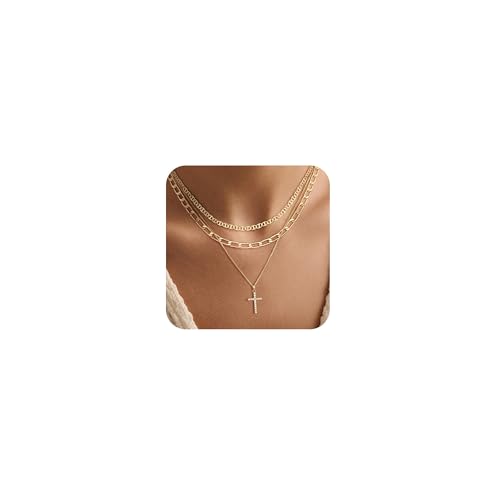 Layered Gold Necklaces for Women Dainty 14k Gold/Silver Plated Stackable Choker Necklaces Trendy Cuba Cross Circle Pendant Necklaces Set Jewelry Gifts for Women