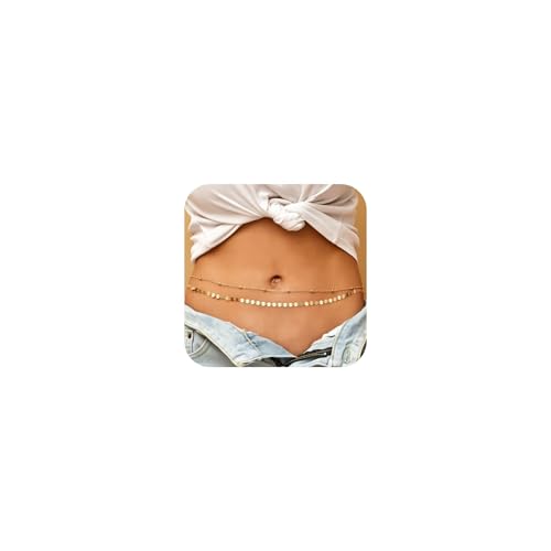 14K Gold Plated Waist Chain for Women, 2Pcs Adjustable Pearl Beads Body Chain, Sexy Layered Summer Beach Bikini Belly Jewelry Accessories - style: Satellite&Sequins