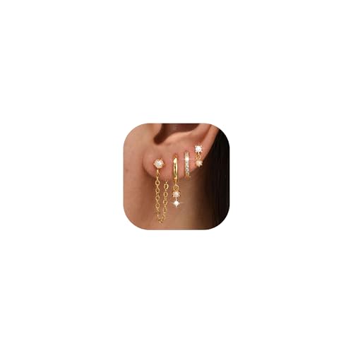 6 Pairs 14K Gold Plated Stud Earrings for Women, Hypoallergenic Cartilage Earrings for Multiple Piercing, Dainty Small Stackable Earrings Set for Jewelry Gift - color: Gold-4 Pairs Chain