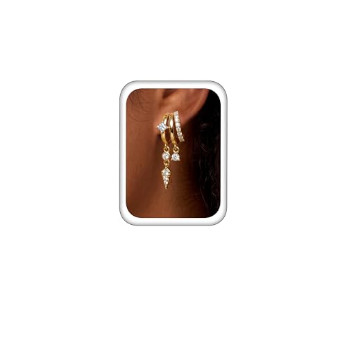 Triple Huggie Stacked Earrings for Women Gold Chain Drop Dangle Earrings Cute Statement CZ Earrings Trendy Dainty Jewelry Gift - color: Gold 8