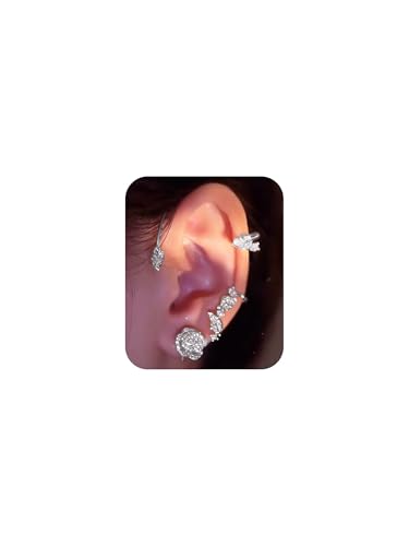 2PCS Ear Cuff Earrings for Women No Piercing Flower Climber Wrap Around Earrings Crawler Rhinestone Wrap Earring Fairy Ear Clip Jewelry Gifts - color: style2-silver