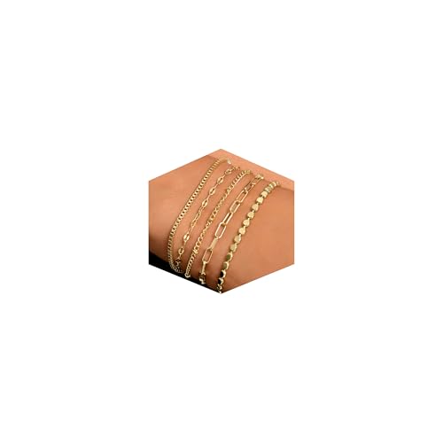 Dainty Gold Bracelets for Women, 14K Gold Plated Stackable Bracelet Set, Adjustable Beaded Cuban Paperclip Herringbone Figaro Snake Rope Chain Jewelry - style: Set2 Gold 5Pcs