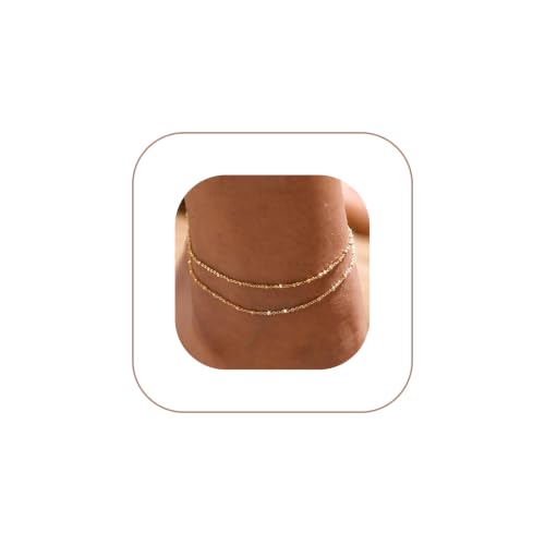 MIDEEO Gold/Silver Ankle Bracelets for Women,14K Gold Anklets for Women Waterproof Cuban Link Heart Beads Herringbone Rhinestone Anklets Set Layered Anklet Bracelets for Women Gold Jewelry Gift - style: 2 Layers Anklet A-Gold
