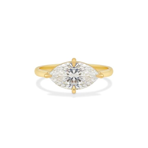 14K Yellow Gold Marquise Cut Moissanite Engagement Ring East West Solitaire Ring 4 Prong Setting, Dainty Promise Jewelry Gift for Women