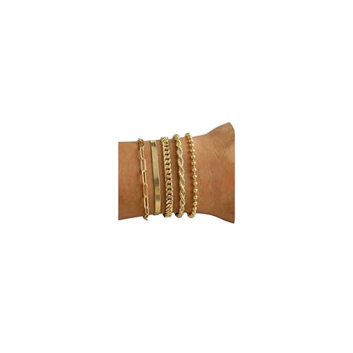 Dainty Gold Bracelets for Women, 14K Gold Plated Stackable Bracelet Set, Adjustable Beaded Cuban Paperclip Herringbone Figaro Snake Rope Chain Jewelry - style: Set4 Gold 5Pcs