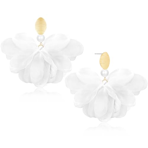 Handmade Fabric Flower Petal Fringe Dangle Drop Earrings Bohemian Floral Tassel Stud Earrings For Women - color: White