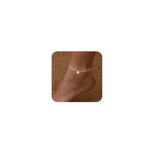 Initial Ankle Bracelets for Women 14K Gold Plated Dainty Layered Round Letter Anklets Beach Jewelry Gift - color: Gold-G