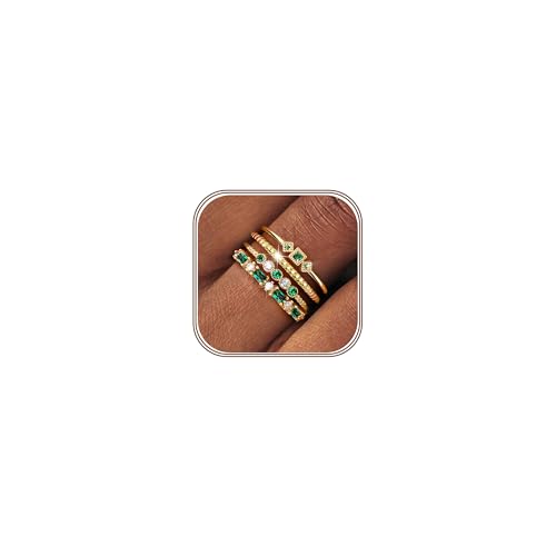 ORAZIO 14K Gold Plated Stackable Rings for Women Non Tarnish Dainty Cubic Zirconia Wedding Engagement Bands Ring Set Minimalist Trendy Statement Anniversary Promise Thumb Stacking Rings Size 6-10 - color: Green CZ-Gold Tone