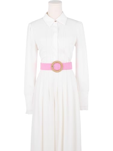 Women's Cotton and Linen Style Plastic Straw Braided Belt Circle Buckle for Dresses - color: Pink