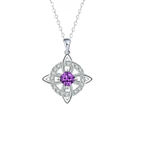 Mystical Birthstone Witches Knot Necklace – Natural Crystal Celtic Pendant, Wiccan Pagan Jewelry Gift for Women - color: February