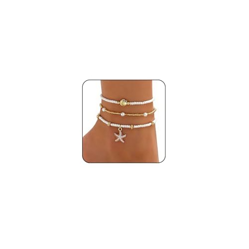 Ankle Bracelets for Women Waterproof Beach Jewelry for Women Elastic Beaded Anklets Boho Seashell Pearl Starfish Anklets for Women Foot Jewelry - style: 4 - 3 layer shell starfish