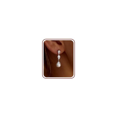 Pearl Earrings for Women, 14k Gold Plated Trendy Diamond Pearl Drop Earrings Hypoallergenic Dainty Bridal Gifts Wedding jewelry for Women - color: E—Silver