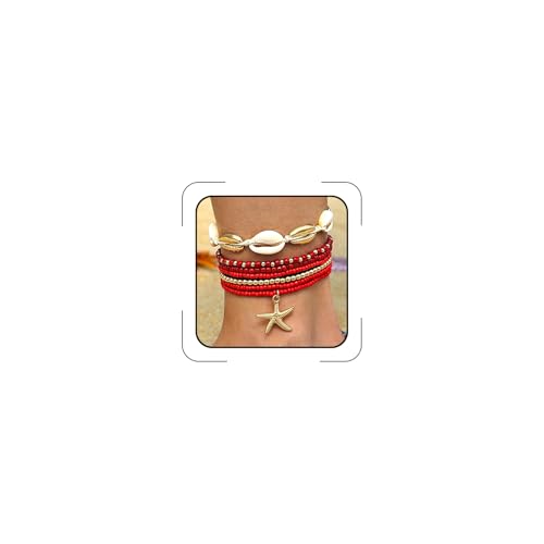 Shell Anklets Bracelet for Women Waterproof Surfer Starfish Bracelet Puka Shell Anklet Colorful Boho Stack Stretch Bead Bracelet Set Hawaii Summer Beach Vacation Foot Jewelry - color: Red