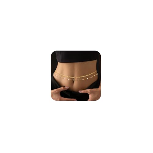 MFRYK 2PCS 14K Gold Plated Waist Chain Layered Pearl Cuban Beaded Satellite Figaro Belly Body Chain Boho Beach Waist Chains For Women Adjustable Waterproof Sexy Bikini Body Chain Jewelry For Women - style: Pearl Figaro Layered-Gold