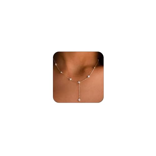 Gold Necklace for Women - Dainty Long Lariat Necklace 14K Gold Plated Clover Star Teardrop CZ Y Shaped Drop Necklaces Cute Long Necklaces for Women Trendy Prom Formal Womens Jewelry - color: Gold-Clover Drop