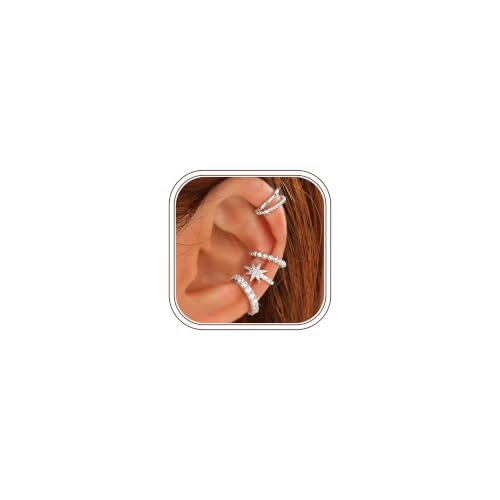 LOLIAS 4 Pairs Ear Cuffs Non Piercing - 14K Gold Plated Ear Cuff Earrings for Women Ear Cuff for Non Pierced Ears Clip on Cartilage Earring Adjustable Fake Earrings Set - style: Stars -White Gold Plated