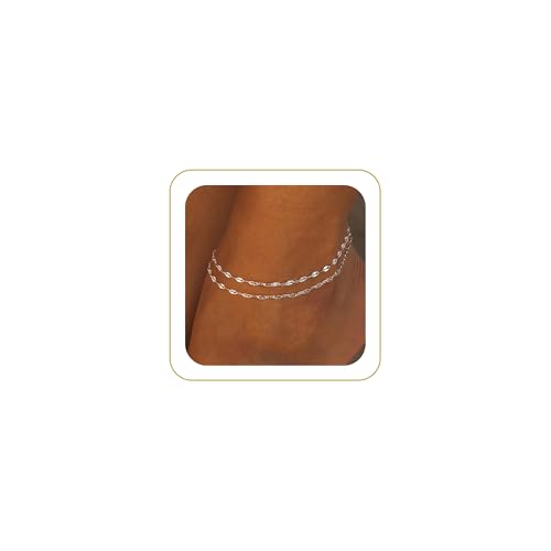 Tewiky Sterling Silver Plated Ankle Bracelets for Women,Dainty Layered Waterproof Anklet for Women Adjustable Sparkly Herringbone Beaded Rope Chain Set Stackable Cute Summer Beach Jewelry Gift - color: silver3