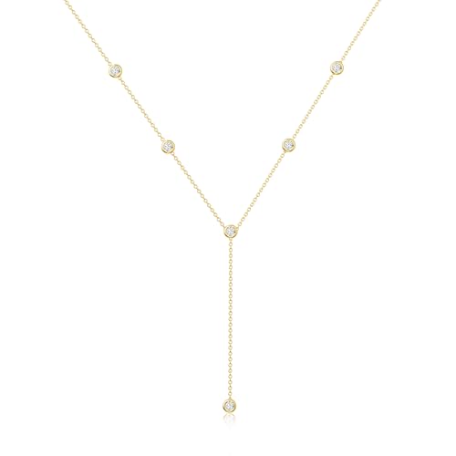 Foxgirl Lariat Gold Necklace for Women, Dainty Long Necklace 14k Gold Plated/Silver Y-Shaped Pendant Necklace Trendy Layered Cz Beaded Chain Drop Necklaces Simple Gold Jewelry For Women Gift - color: Y five diamond-GD