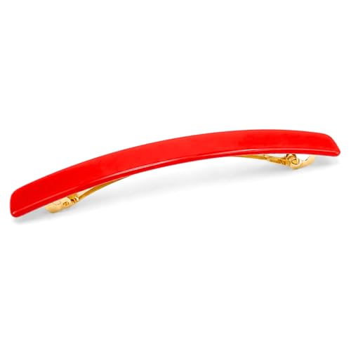 French Amie Long and Skinny Bar Large 4 1/4" Cellulose Acetate Handmade Automatic Hair Clip Barrette with No Slip Sturdy Silver Clasp for Women and Girls, Made in France (Red) - color: Red