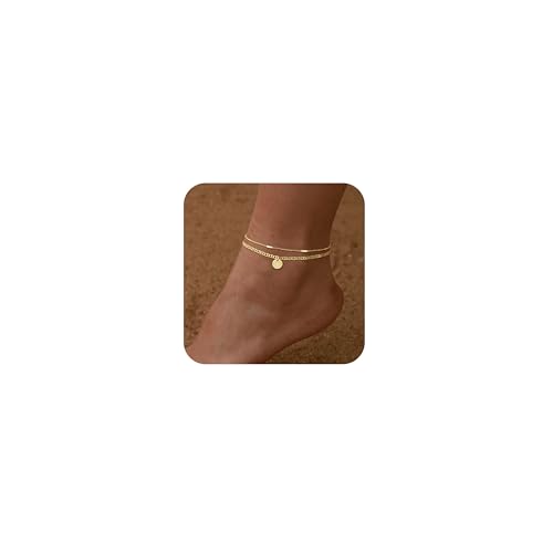 Initial Ankle Bracelets for Women 14K Gold Plated Dainty Layered Round Letter Anklets Beach Jewelry Gift - color: Gold-F