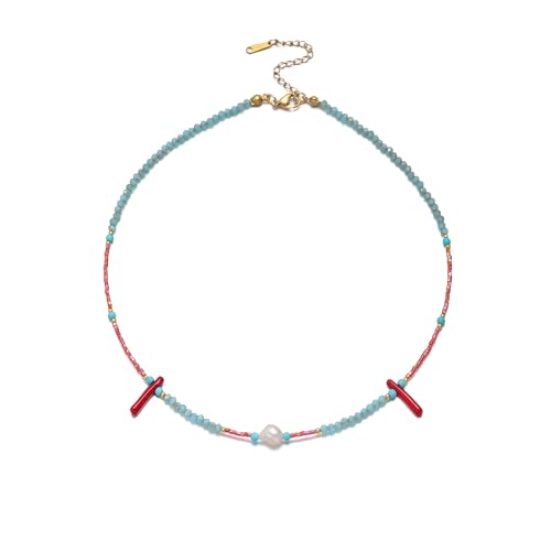 Turquoise Choker Necklace for Women, Western Crystal Bead & Pearl Necklace with Adjustable Chain Natural Stone Energy Jewelry, Boho Beaded Choker for Gifts - color: Turq Red Blue