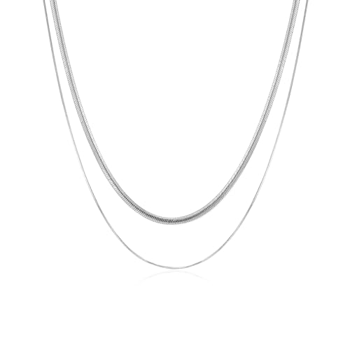 ARSIS 18K Gold Plated Herringbone Necklace Snake Chain Choker Dainty Layered Hypoallergenic Jewelry Gift for Women - color: Silver Double Layer
