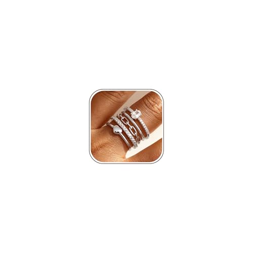 FIASASO Gold Rings for Women Non Tarnish - 5Pcs Dainty Stackable Rings 14K Gold Plated Cubic Zirconia Stacking Rings Non Tarnish Waterproof Minimalist Thin Stack Ring Size 5 6 7 8 9 10 - color: Silver