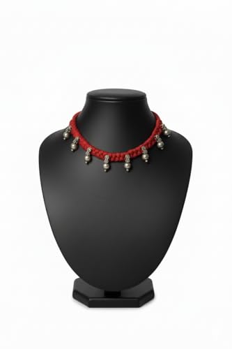 athizay Boho Charm Thread Choker Necklace – Braided Bohemian Choker with Oxidized Silver Dangle Charms | Handmade Boho Jewelry for Women - color: Maroon, Silver