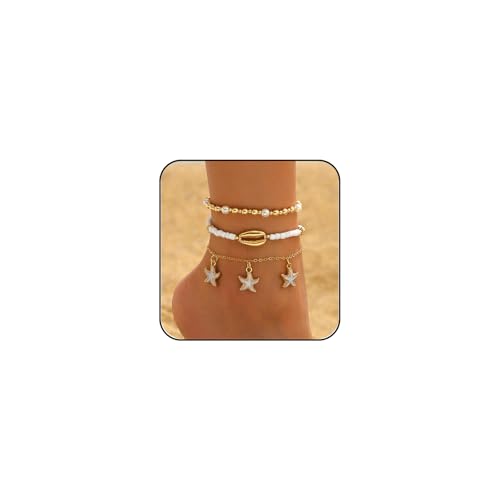INENIMARTJ Shell Anklet Bracelet for Women Gold and White Beaded Elastic Stack Ankle Bracelet Hawaiian Beach Seashell Starfish Anklet Puka Shell Starfish Foot Jewelry for Women Beach Accessories - style: style C