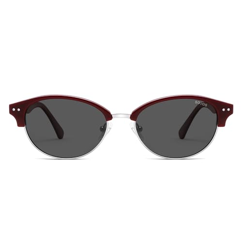 SOJOS Trendy Oval Polarized Sunglasses for Women Retro Cute Shades Sunnies SJ2687 - color: Red Frame Grey Lens