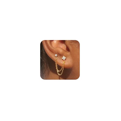 Freekiss Gold Chain Studs Earrings for Women Trendy: Hypoallergenic 14K Gold Plated Dangle Earrings Dainty Small Long Chain Earring Set Fashion Gold Jewelry for Women - style: 4cz chain earrings-gd