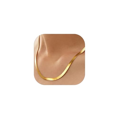 FOCALOOK 14K Gold Plated Necklaces for Women, Fashion Herringbone Choker Necklace Stainless Steel Flat Snake Chain 3/5MM(W) 12.5"/15"/18"+3.5"(L) - color: 5MM-14K Gold-18"