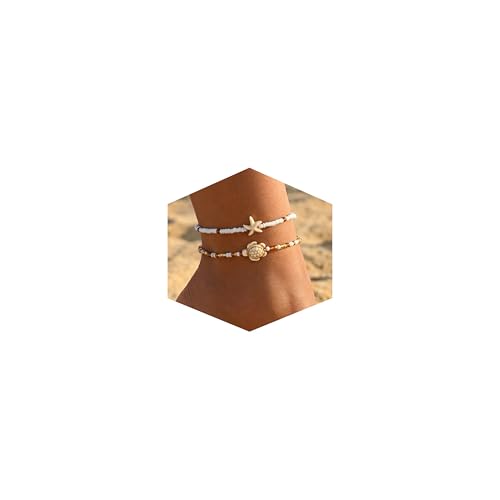 Fesciory Shell Ankle Bracelets for Women, Gold Plated Boho Anklet Set with Pearl Beads Starfish Conch Seashell, Adjustable Summer Beach Hawaiian Foot Jewelry Gift - style: Turtle 2Pcs